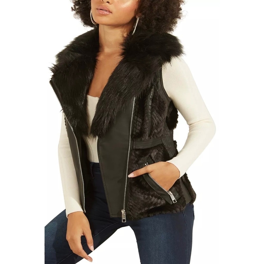 GUESS Womens Jet Black Faux Fur Leather Moto Vest Small NWT Goth Glam Edgy